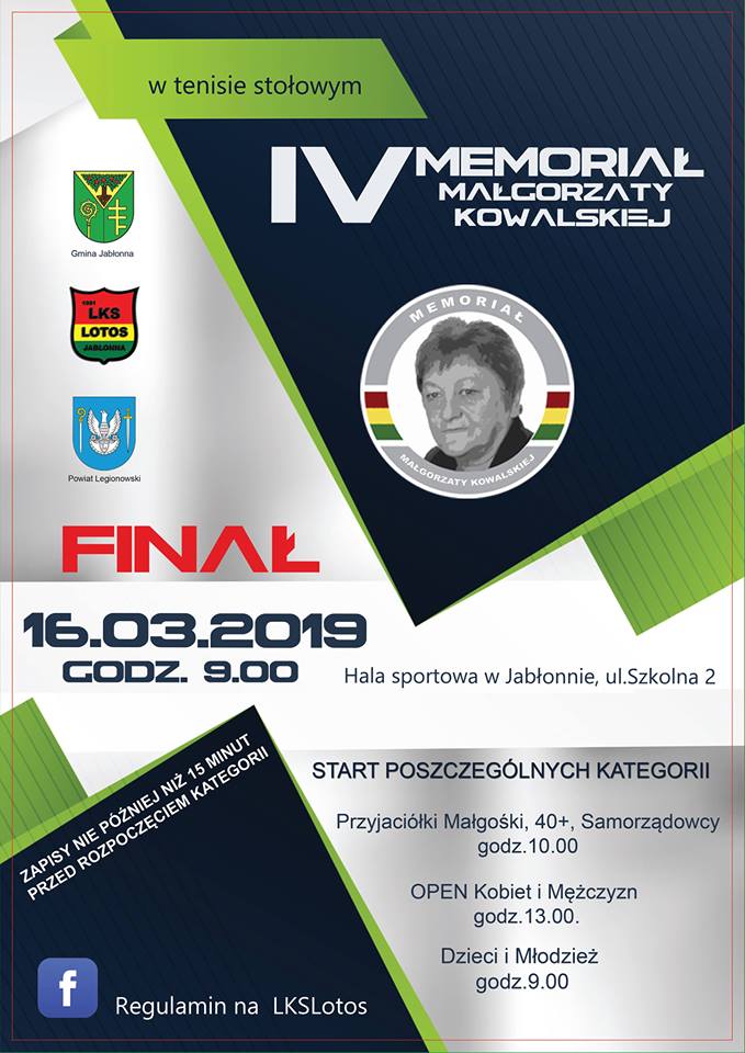 Plakat turnieju IV Memoriał Małgorzaty Kowalskiej w tenisie stołowym- turniej 4 termin (FINAŁOWY)