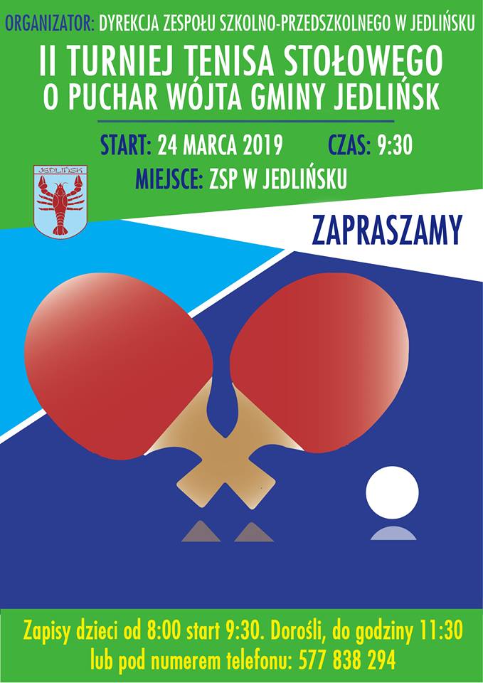 Plakat turnieju II Turniej Tenisa Stołowego o Puchar Wójta Gminy Jedlińsk