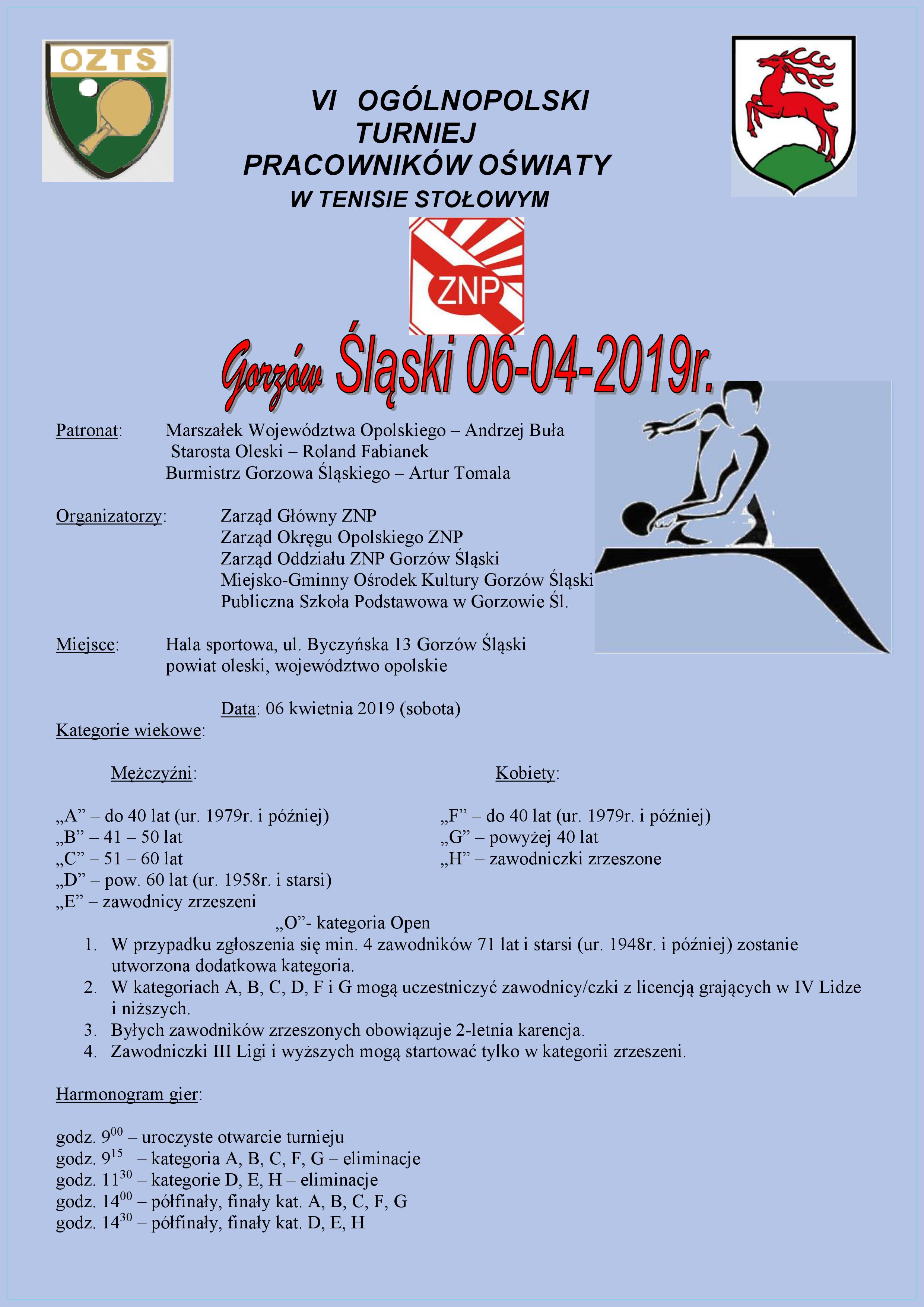 Plakat turnieju VI Ogólnopolski Turniej Nauczycieli i Pracowników Oświaty w Tenisie Stołowym
