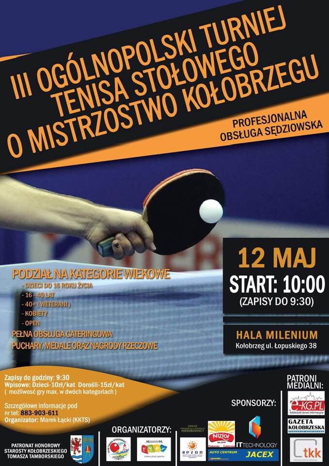 Plakat turnieju III Ogólnopolski Turniej Tenisa Stołowego o Mistrzostwo Kołobrzegu