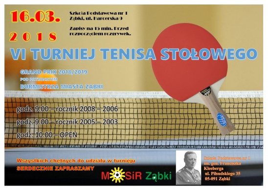 Plakat turnieju Grand Prix 2018/2019 w tenisie stołowym pod patronatem Burmistrza Miasta Ząbki