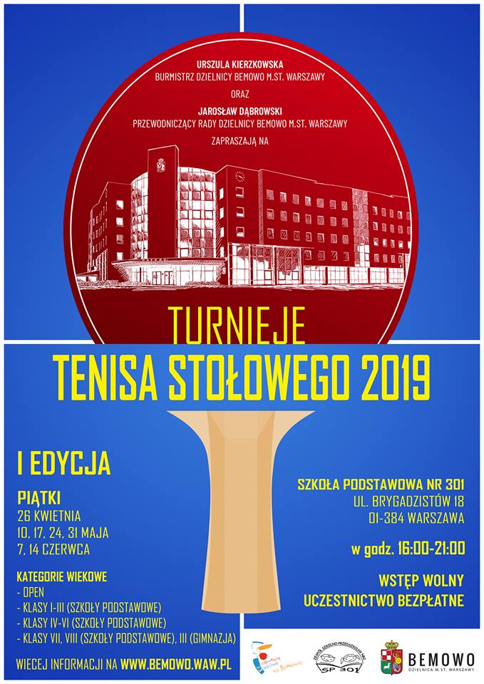 Plakat turnieju Turnieje tenisa stołowego Bemowo - Brygadzistów (27 kwietnia 2019)