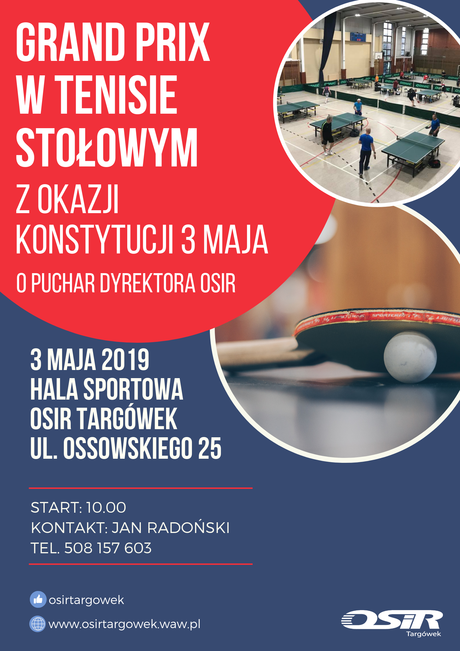 Plakat turnieju GRAND PRIX W TENISIE STOŁOWYM - 3 MAJA 2019 R. (Z OKAZJI ŚWIĘTA KONSTYTUCJI)