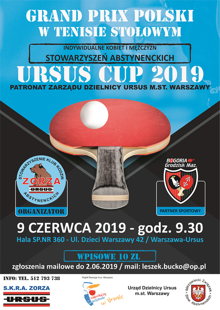 Plakat turnieju Grand Prix Polski - Ursus Cup 2019 w Tenisie Stołowym