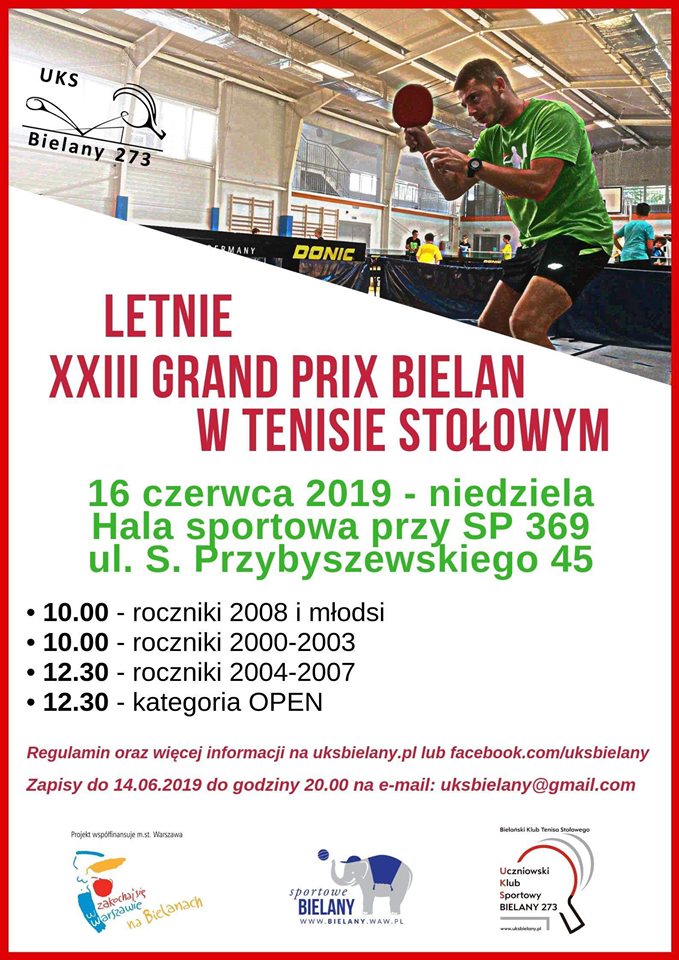 Plakat turnieju Letnie XXIII Grand Prix Bielan w Tenisie Stołowym