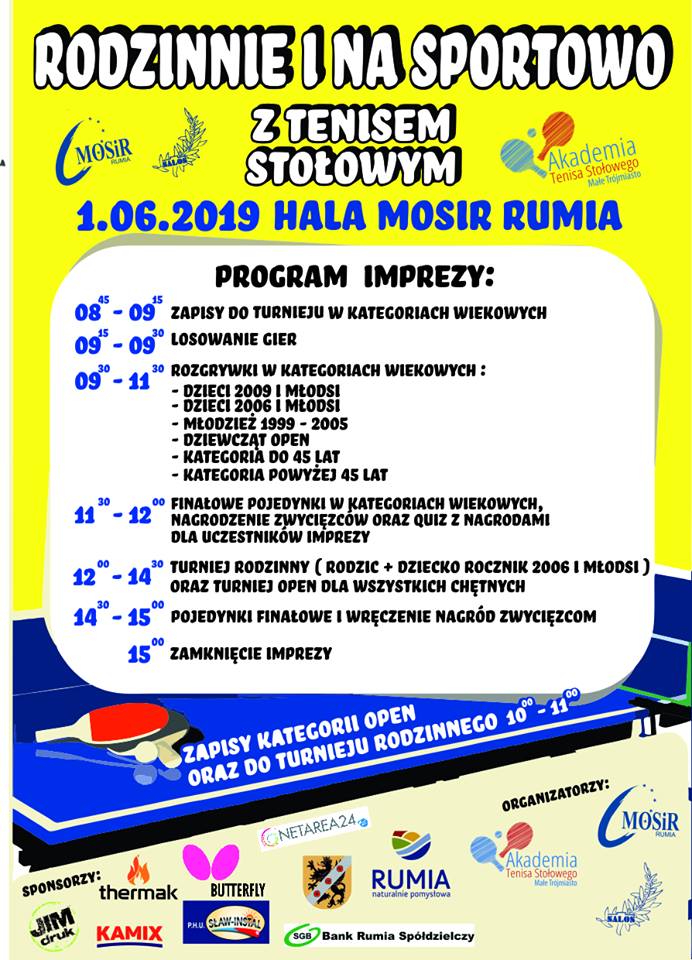 Plakat turnieju Rodzinnie i Na Sportowo- Turniej Tenisa Stołowego w Rumi