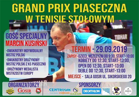 Plakat turnieju Grand Prix Piaseczna w tenisie stołowym 2019