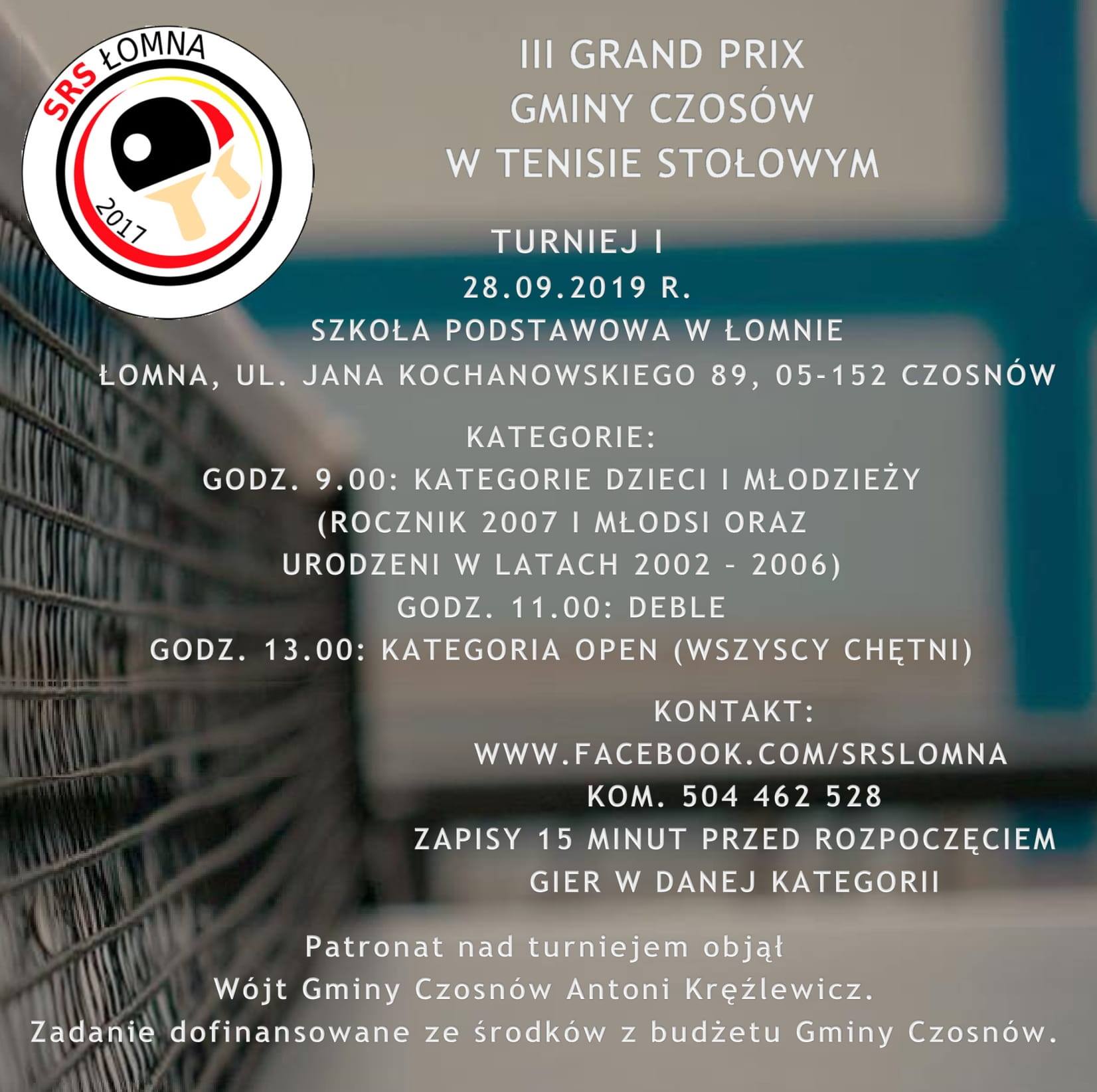 Plakat turnieju III Grand Prix Gminy Czosnów w Tenisie Stołowym - 1 Turniej
