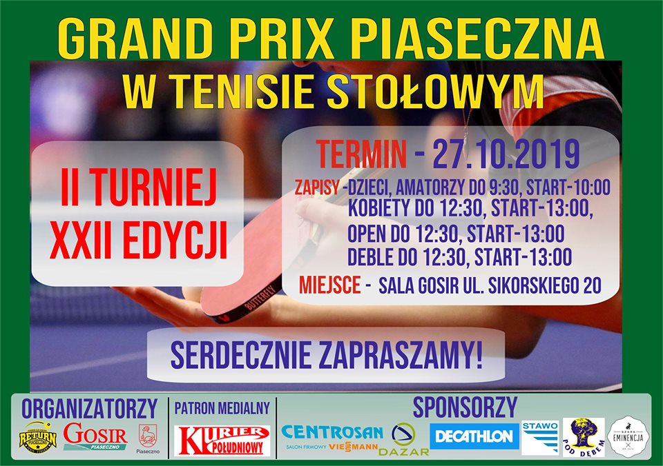 Plakat turnieju Grand Prix Piaseczna w tenisie stołowym 2019 - II Turniej