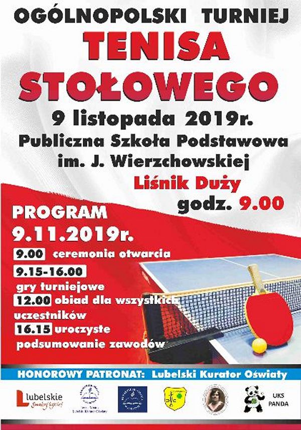 Plakat turnieju Ogólnopolski turniej tenisa stołowego - Liśnik Duży 2019