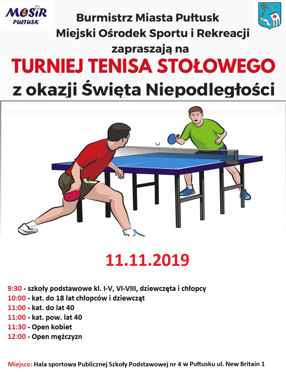 Plakat turnieju Turniej Tenisa Stołowego z okazji Święta Niepodległości w Pułtusku