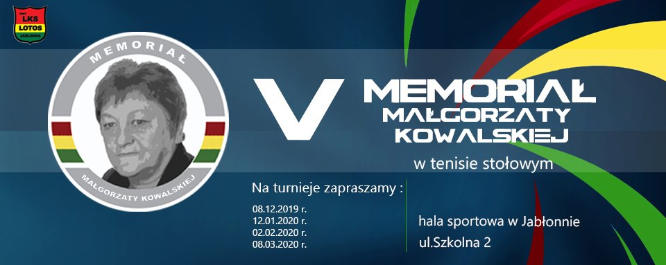 Plakat turnieju V Memoriał Małgorzaty Kowalskiej w tenisie stołowym 2019 - turniej 4 termin