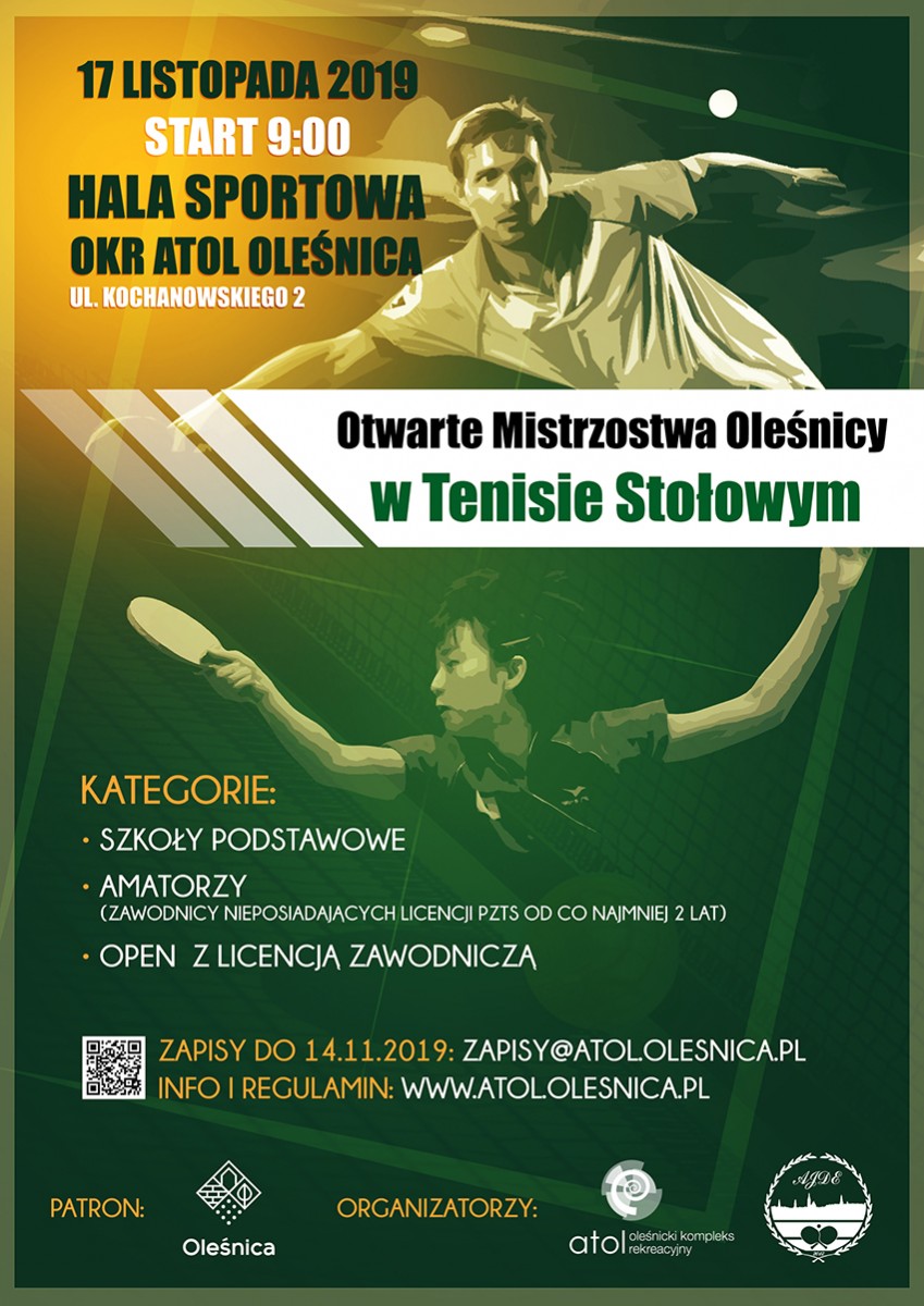 Plakat turnieju Otwarte Mistrzostwa Oleśnicy w Tenisie Stołowym
