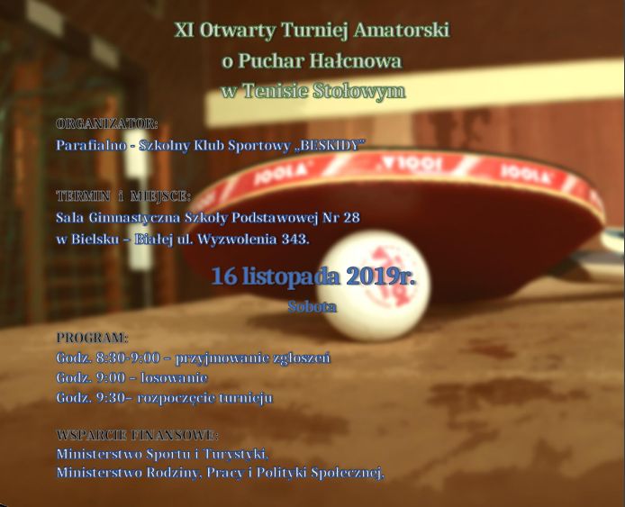 Plakat turnieju XI Otwarty Turniej Amatorski o Puchar Hałcnowa w Tenisie Stołowym