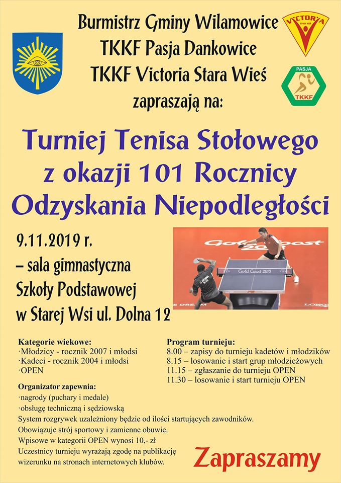 Plakat turnieju Gmina Wilamowice, Dankowice, Stara Wieś- Turniej z okazji 101 Rocznicy Odzyskania Niepodległości