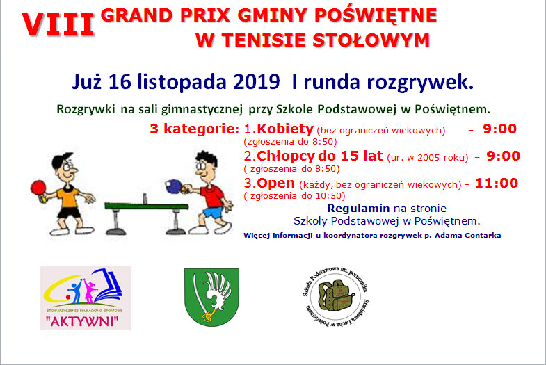 Plakat turnieju VIII Grand Prix Poświętne w tenisie stołowym 2019/2020- I runda