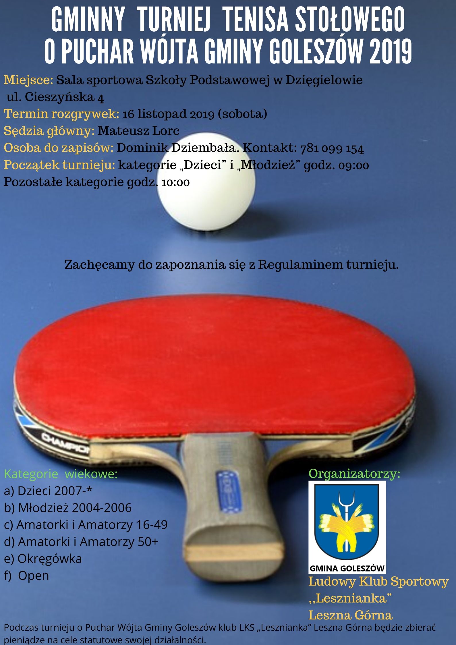 Plakat turnieju Gminny Turniej Tenisa Stołowego o Puchar Wójta Gminy Goleszów 2019