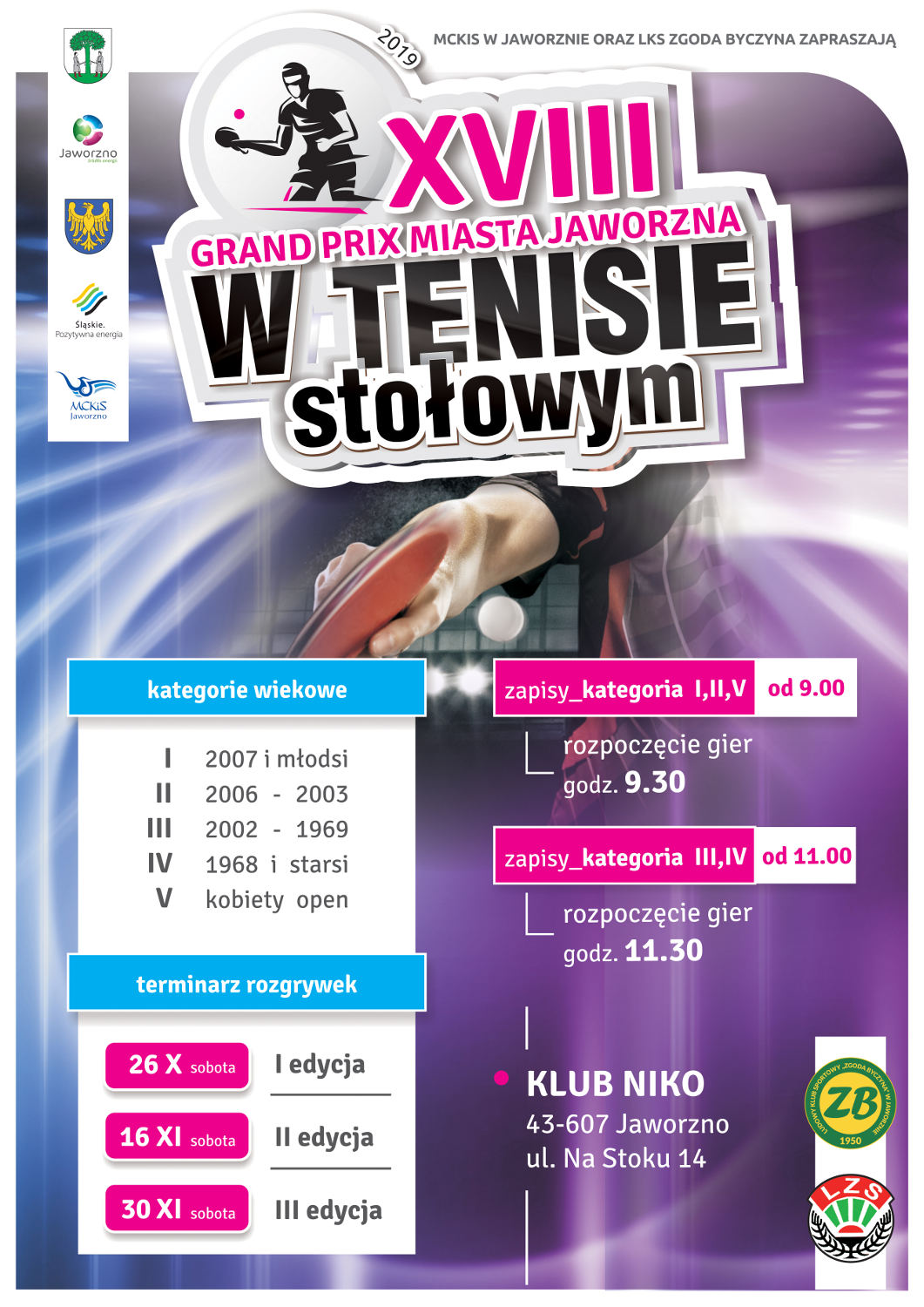 Plakat turnieju XVIII Grand Prix miasta Jaworzna w Tenisie Stołowym- II edycja