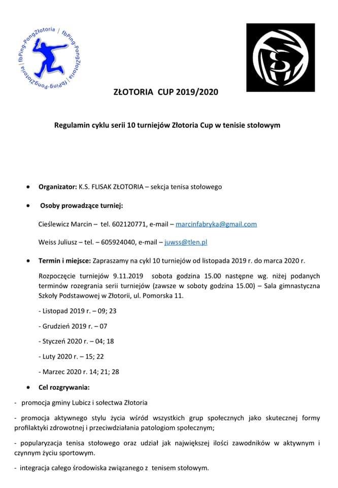 Plakat turnieju ZŁOTORIA CUP 2019/2020- 10 turniej