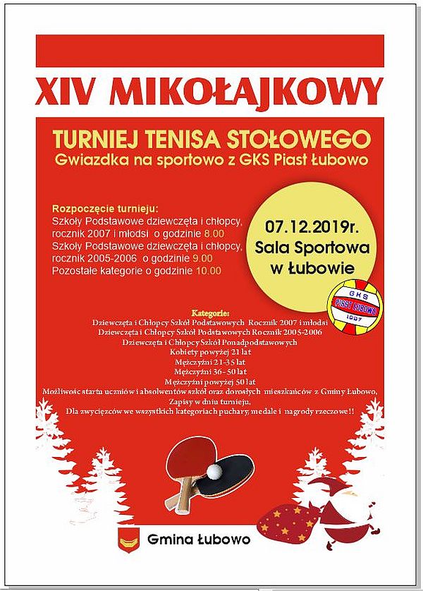 Plakat turnieju Mikołajkowy Turniej Tenisa Stołowego -Gwiazdka na sportowo z GKS PIAST ŁUBOWO
