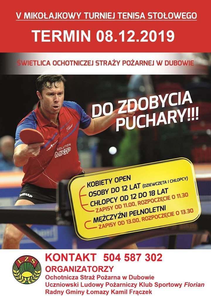 Plakat turnieju V Mikołajkowy Turniej Tenisa Stołowego w Dubowie