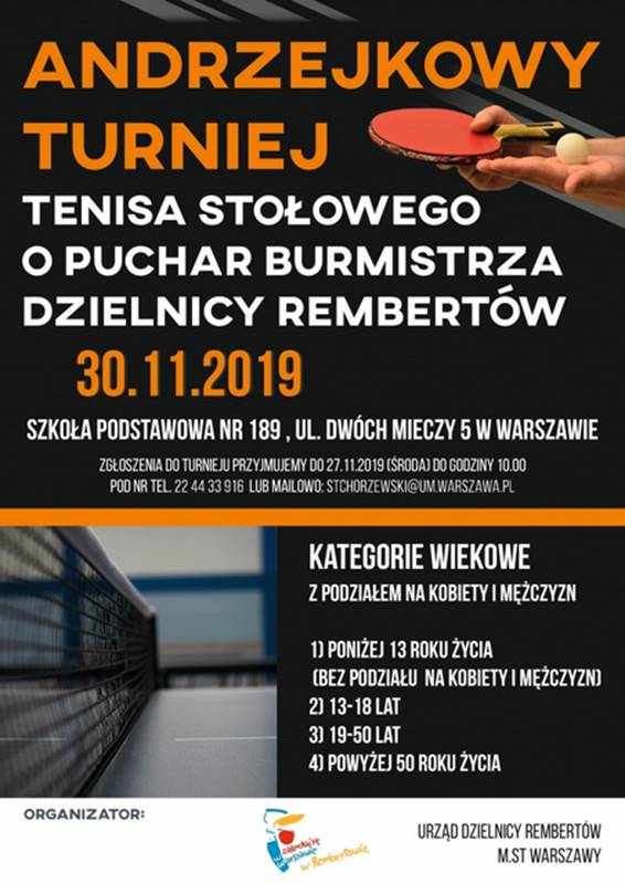 Plakat turnieju Andrzejkowy Turniej Tenisa Stołowego o Puchar Burmistrza Dzielnicy Rembertów