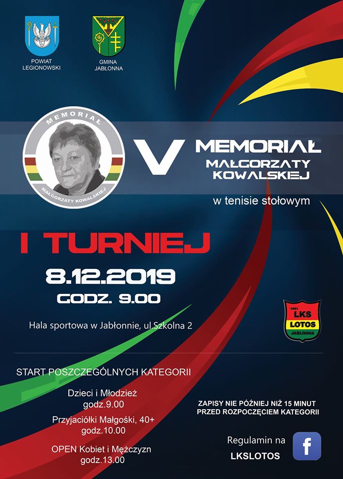 Plakat turnieju V Memoriał Małgorzaty Kowalskiej w tenisie stołowym 2019 - turniej 1 termin