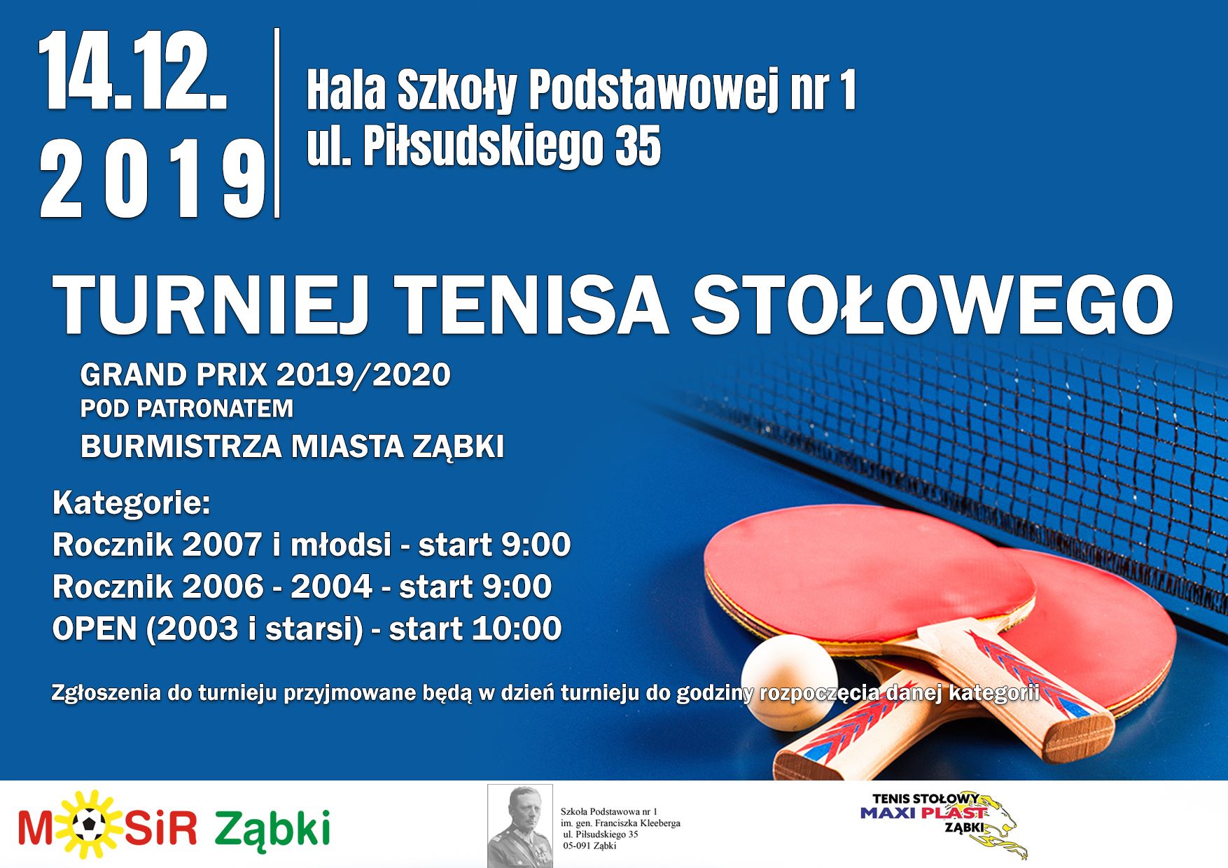 Plakat turnieju Grand Prix 2019/2020 w tenisie stołowym pod patronatem Burmistrza Miasta Ząbki