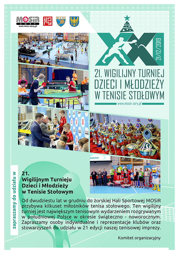 Plakat turnieju 21. Wigilijny Turniej Dzieci i Młodzieży w Tenisie Stołowym