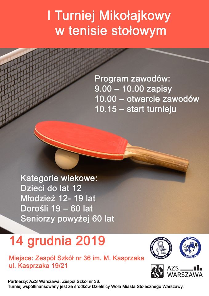 Plakat turnieju I Mikołajkowy Turniej tenisa stołowego