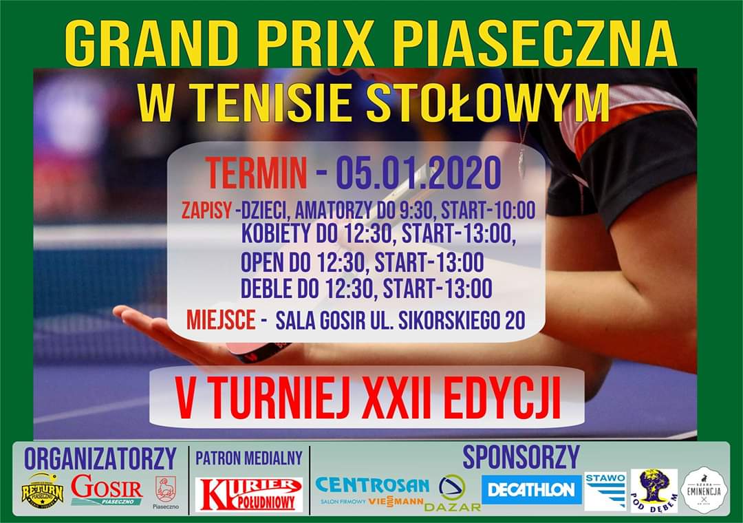 Plakat turnieju Grand Prix Piaseczna w tenisie stołowym 2019 - V Turniej