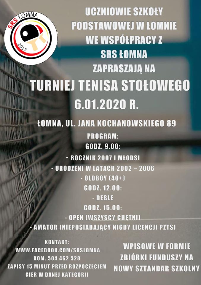Plakat turnieju Turniej Tenisa Stołowego - 6.01.2020 w Łomnie