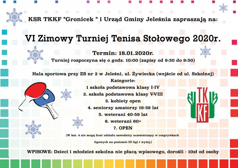 Plakat turnieju VI Zimowy Turniej Tenisa Stołowego 2020- Jeleśnia