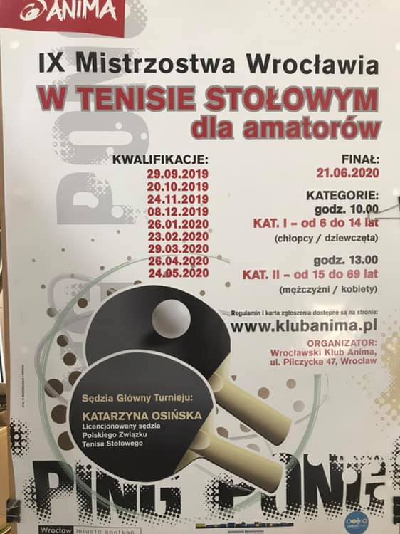Plakat turnieju IX Mistrzostwa Wrocławia w Tenisie Stołowym dla amatorów- Kwalifikacje- 1 turniej