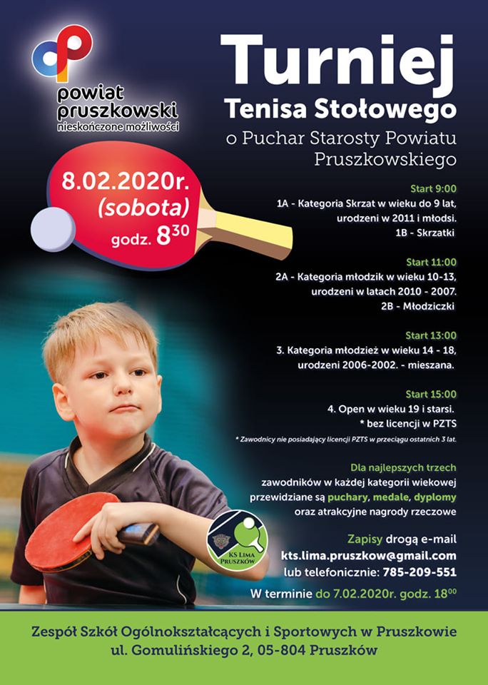 Plakat turnieju Turniej Tenisa Stołowego o Puchar Starosty Powiatu Pruszkowskiego