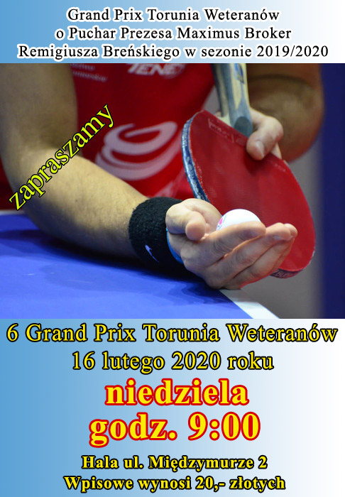 Plakat turnieju 6 Grand Prix Torunia Weteranów o Puchar Prezesa Maximus Broker w sezonie 2019/2020