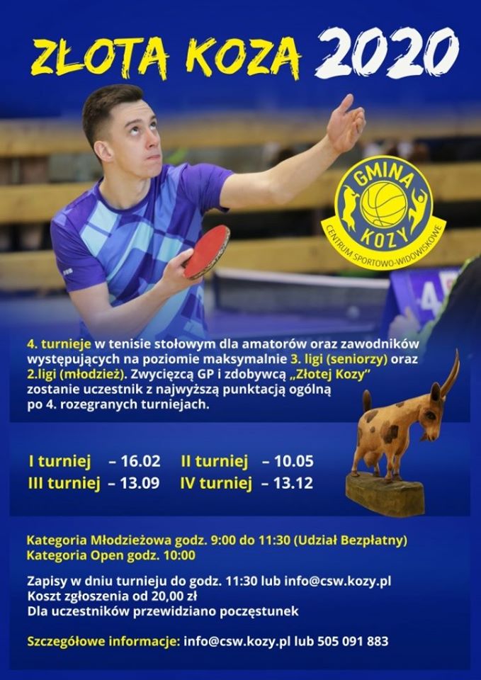 Plakat turnieju Grand Prix Kóz w Tenisie Stołowym "Złota Koza 2020"- I turniej