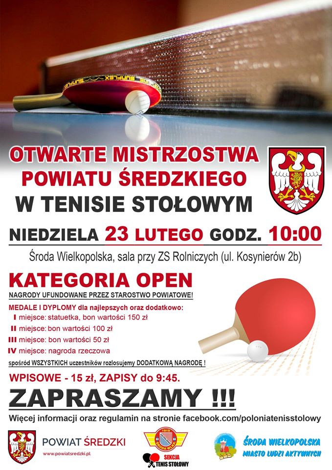 Plakat turnieju Mistrzostwa Powiatu Średzkiego w Tenisie Stołowym 2020