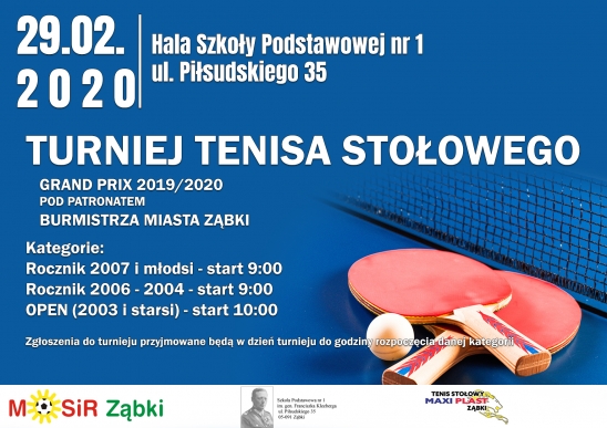 Plakat turnieju V Grand Prix 2019/2020 w tenisie stołowym pod patronatem Burmistrza Miasta Ząbki