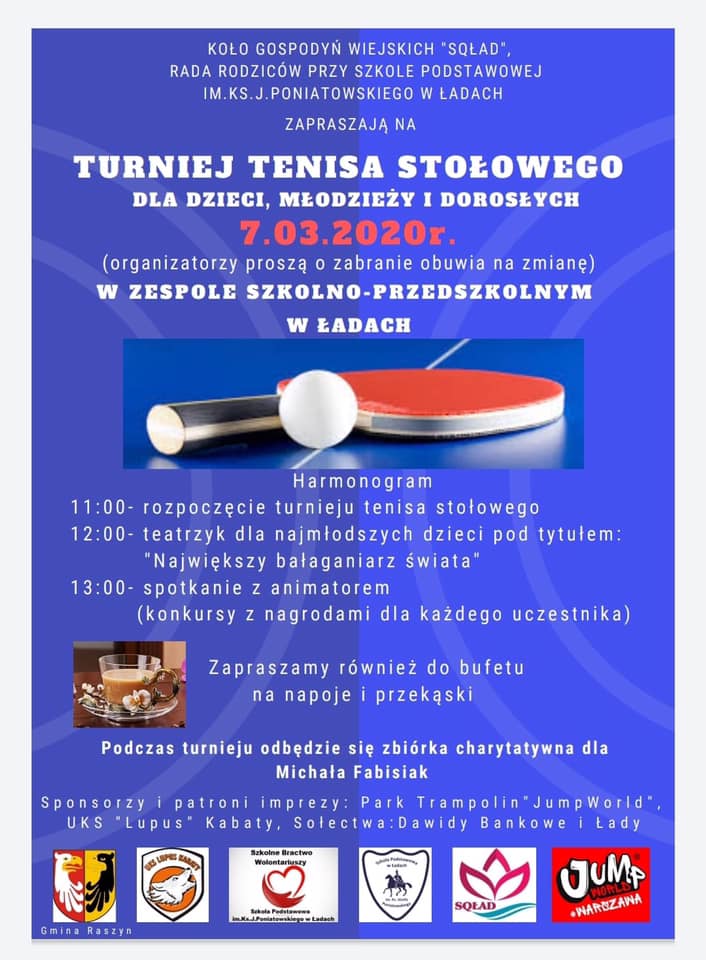 Plakat turnieju Turniej tenisa stołowego dla dzieci, młodzieży i dorosłych