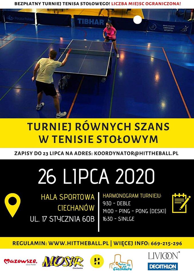 Plakat turnieju Turniej równych szans w tenisie stołowym Ciechanów - HitTheBall
