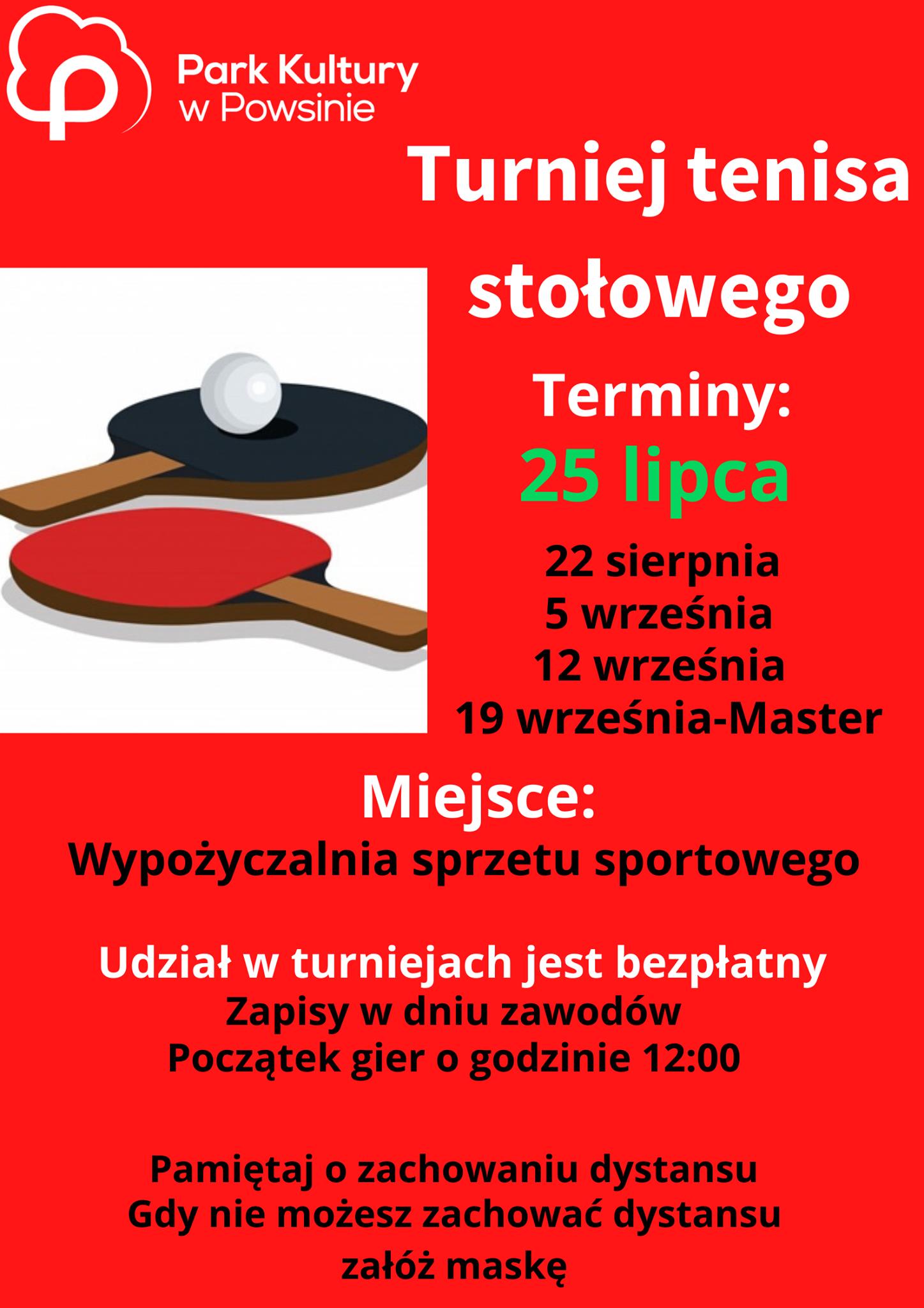 Plakat turnieju Cykl turniejów w tenisie stołowym w Parku Kultury w Powsinie 2020 - 1 termin