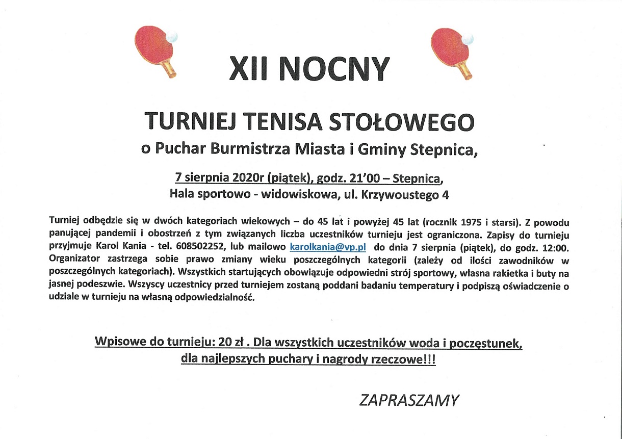 Plakat turnieju XII Nocny Turniej Tenisa Stołowego o Puchar Burmistrza Miasta i Gminy Stepnica