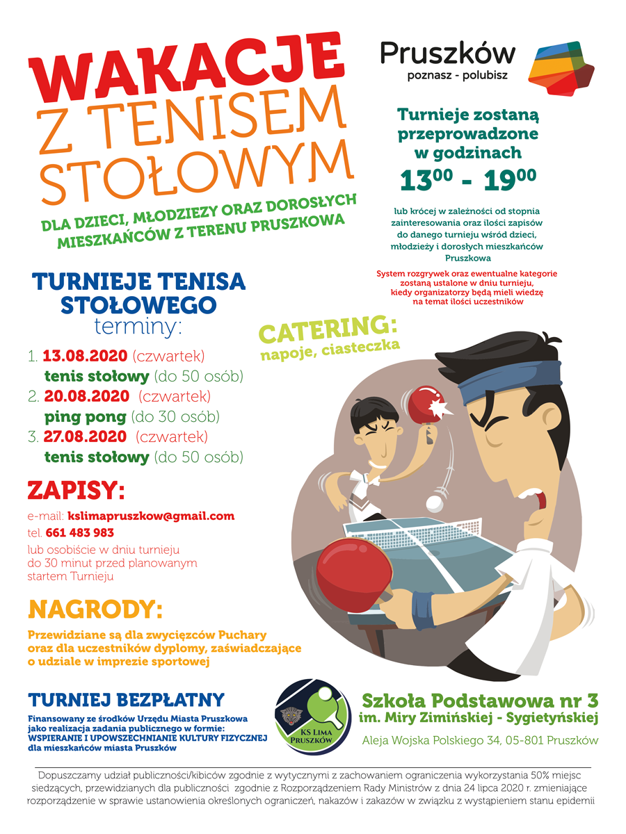Plakat turnieju Wakacje z tenisem stołowym Pruszków 2020 - ping pong