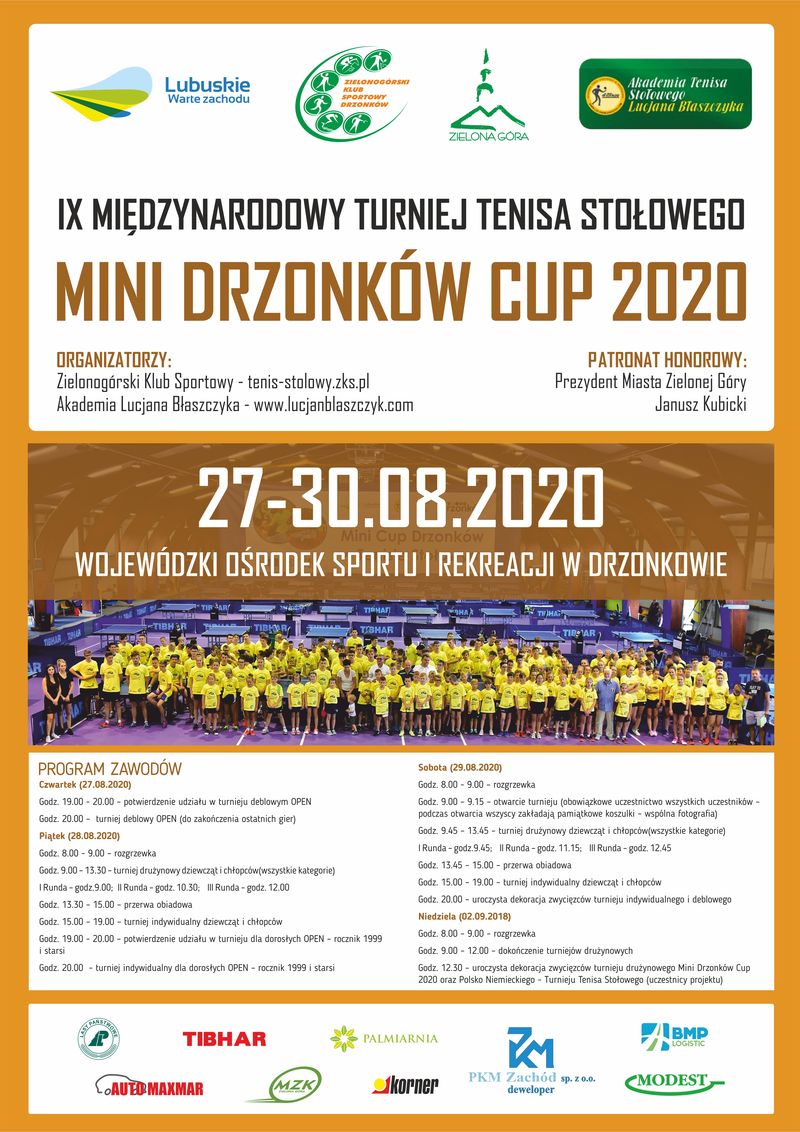 Plakat turnieju IX Międzynarodowy turniej tenisa stołowego -MINI DRZONKÓW CUP 2020  w tenisie stołowym