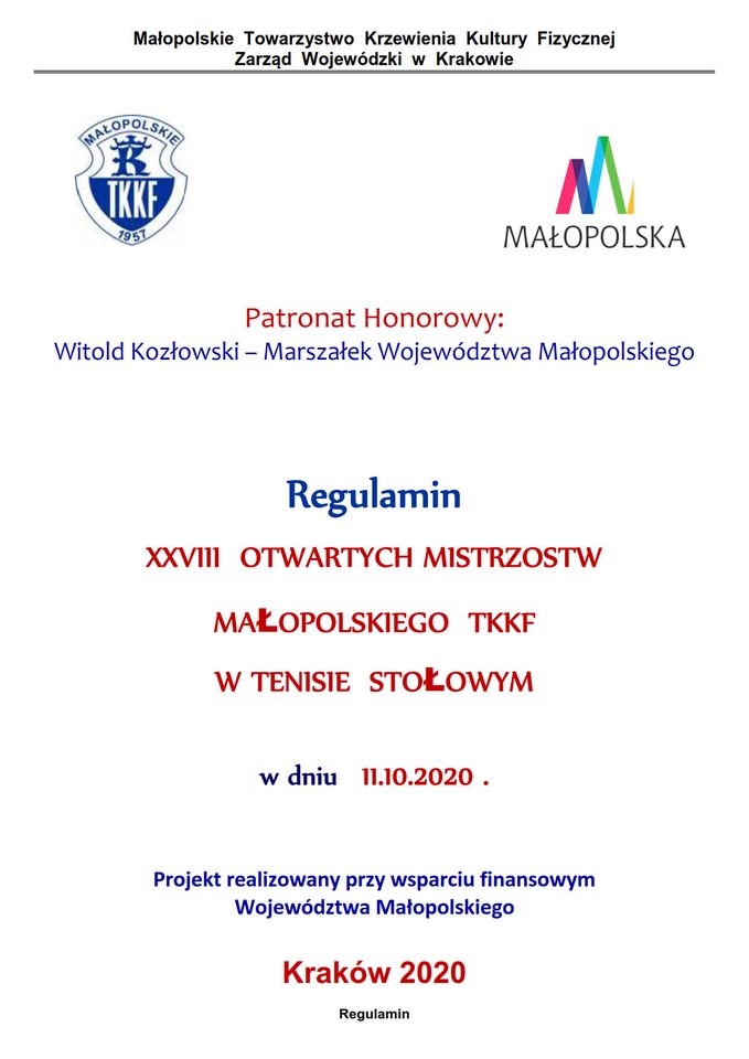 Plakat turnieju XXVIII Mistrzostwa Małopolskiego TKKF w Tenisie Stołowym