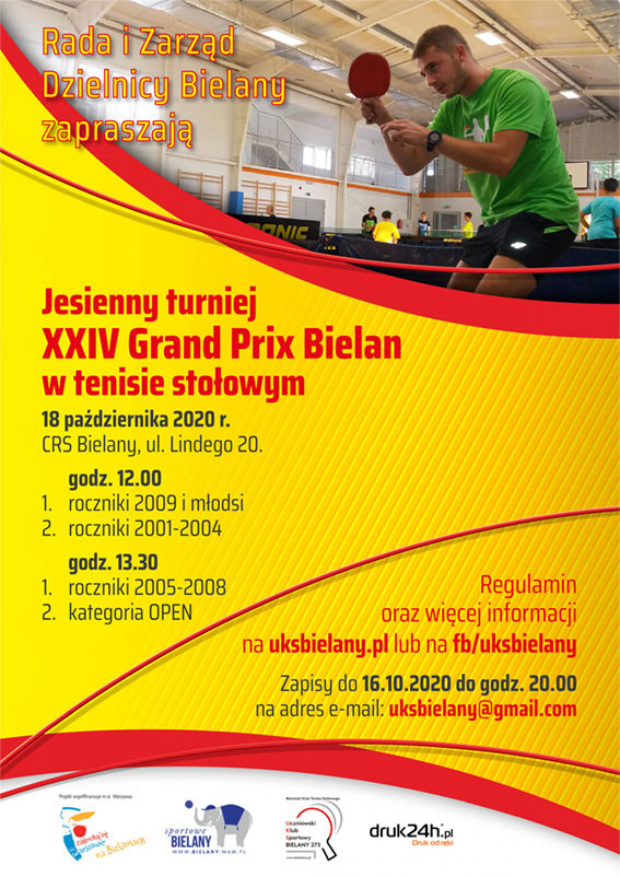 Plakat turnieju XXIV Grand Prix Bielan w Tenisie Stołowym - jesienny turniej 2020
