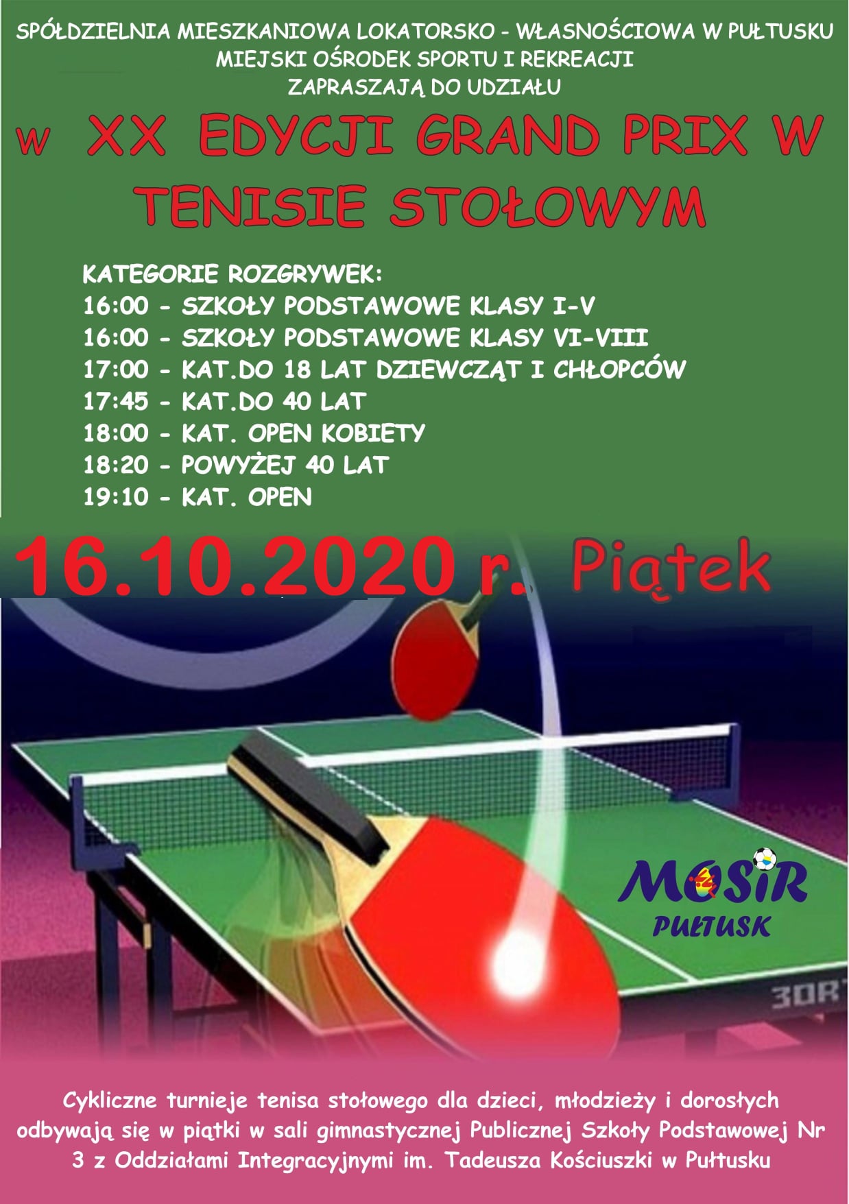 Plakat turnieju XX Edycji Grand Prix w Tenisie Stołowym