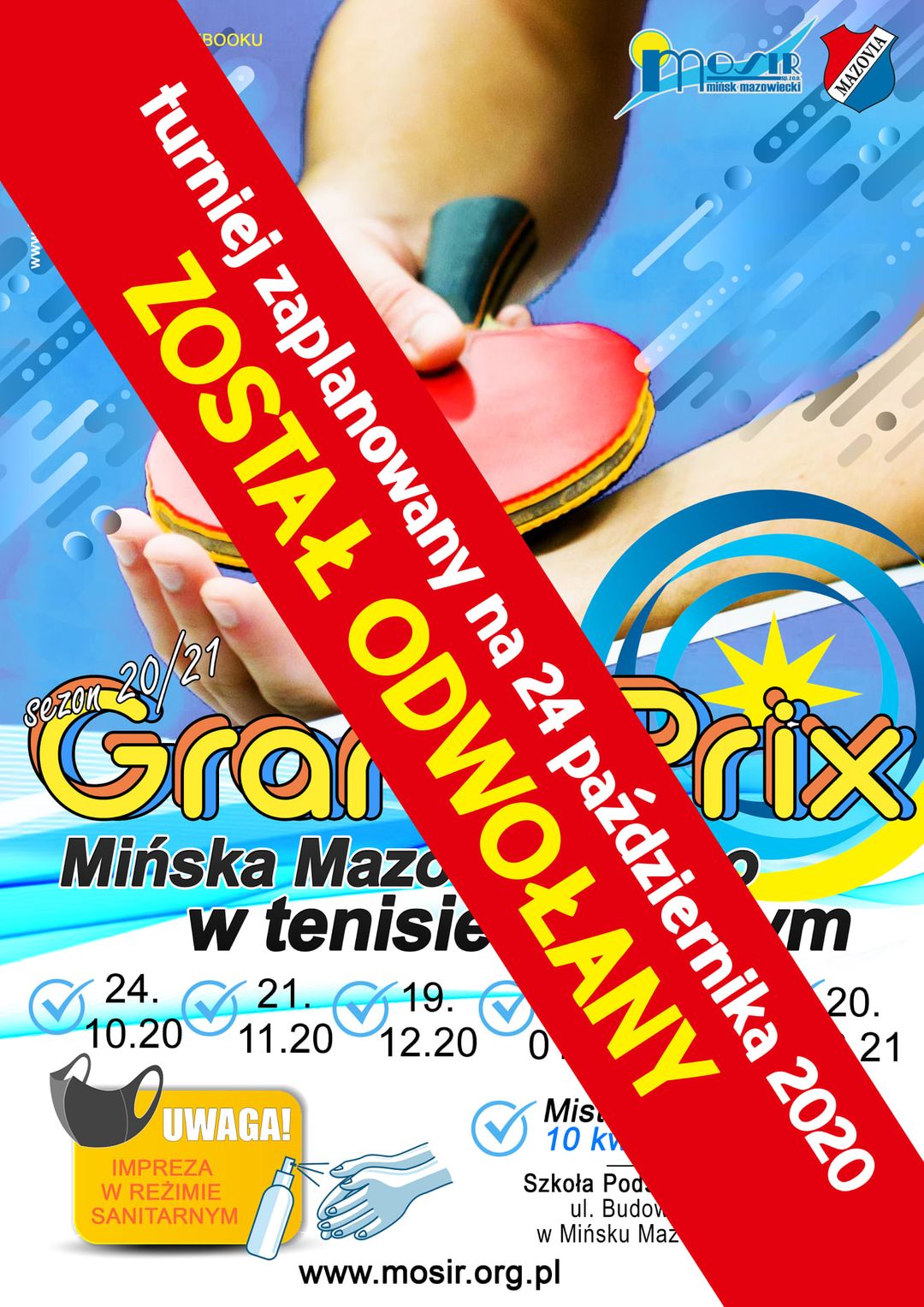 Plakat turnieju Grand Prix Mińska Mazowieckiego w tenisie stołowym w sezonie 2020/2021 - termin 1