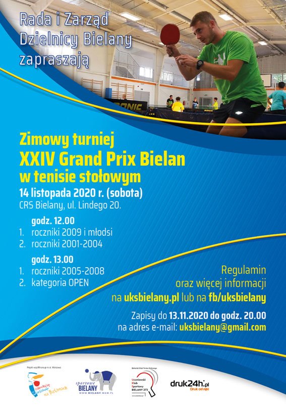 Plakat turnieju XXIV Grand Prix Bielan w Tenisie Stołowym - zimowy turniej 2020